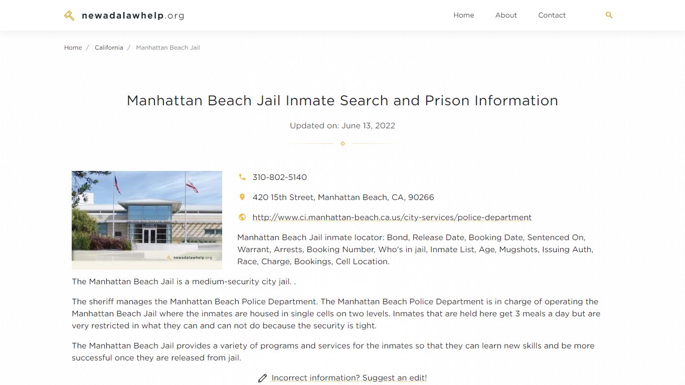 Manhattan Beach Jail Inmate Search, Visitation, Phone no ...